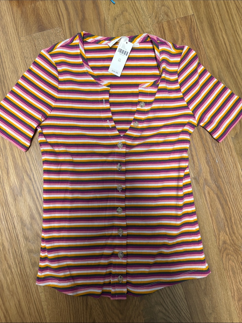 Maeve Striped Ribbed Button-Down Top in Pink, Yellow & olive